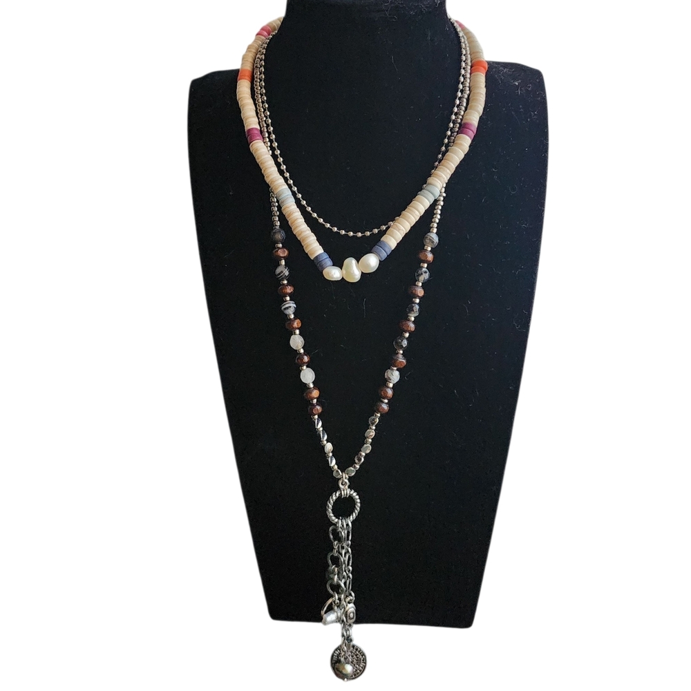 Free People Layered Pearl Heishi Beaded Necklace Silver Multi Strand Boho NWT
